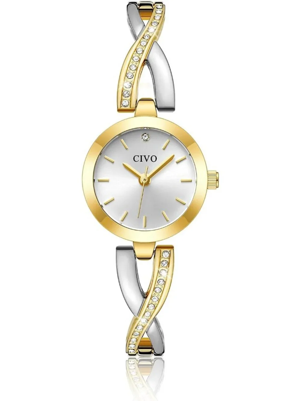 Women's Two Tone/Silver Rhinestone Bangle Stainless Steel Elegant Wrist Watches